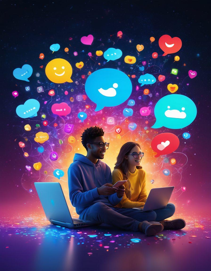 A vibrant digital landscape showing diverse people engaging joyfully within an online community, with colorful chat bubbles and emojis swirling around them, symbolizing connection and excitement. Include elements of technology like laptops and smartphones, surrounded by uplifting symbols such as stars and hearts, portraying an atmosphere of euphoria. The overall tone should be inviting and energizing. 3D. vibrant colors.