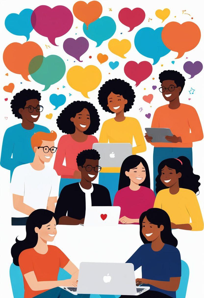 A diverse group of people joyfully interacting through laptops and tablets, surrounded by colorful speech bubbles filled with hearts and smiles. The scene depicts a harmonious online community with elements like virtual events and digital connections. Soft, warm lighting adds an inviting atmosphere. Vector art. vibrant colors. white background.