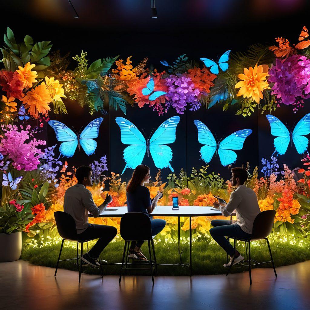 A vibrant digital landscape showcasing diverse individuals engaged in meaningful conversations through glowing screens, symbolizing connections and joy. Incorporate elements of nature, like flowers and butterflies, merging with technology to depict harmony. Use soft, warm colors to create an inviting atmosphere. super-realistic. vibrant colors. 3D.